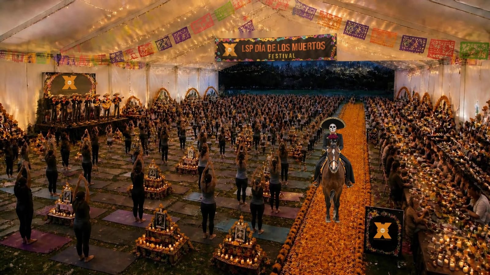 LSP Día de los Muertos Festival: a candlelit tent strung with papel picado, rows of people moving together on mats between ofrendas, a mariachi stage, a marigold path with a Catrina on horseback, and long tables of families.
