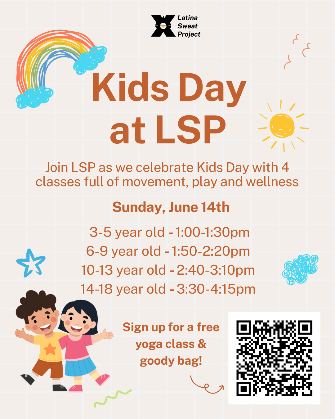 Kids Day at LSP flyer with class times for ages 3 to 18