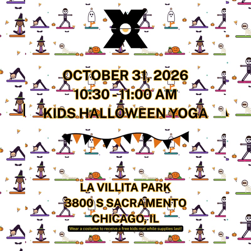 Kids Halloween Yoga, October 31, 2026, 10:30 to 11:00 AM at La Villita Park: illustrated kids in costumes doing yoga poses.