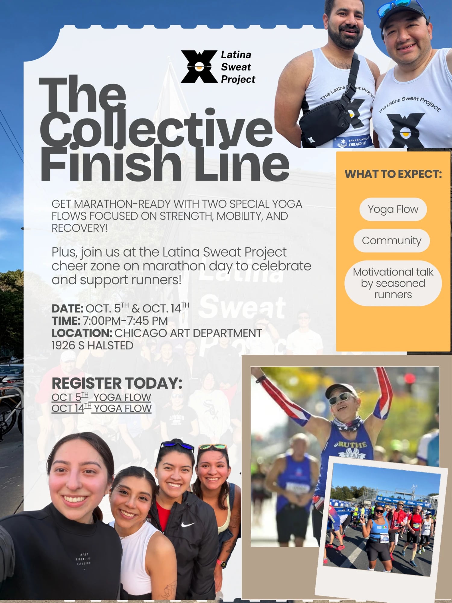 The Collective Finish Line flyer: yoga flows Oct 5 and Oct 14, 7:00 to 7:45 PM at Chicago Art Department, 1926 S Halsted, plus the LSP cheer zone on marathon day.