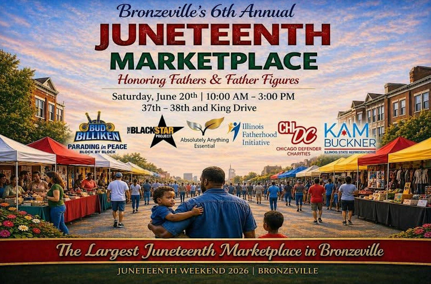 Flyer for Bronzeville's 6th Annual Juneteenth Marketplace, honoring fathers and father figures.
