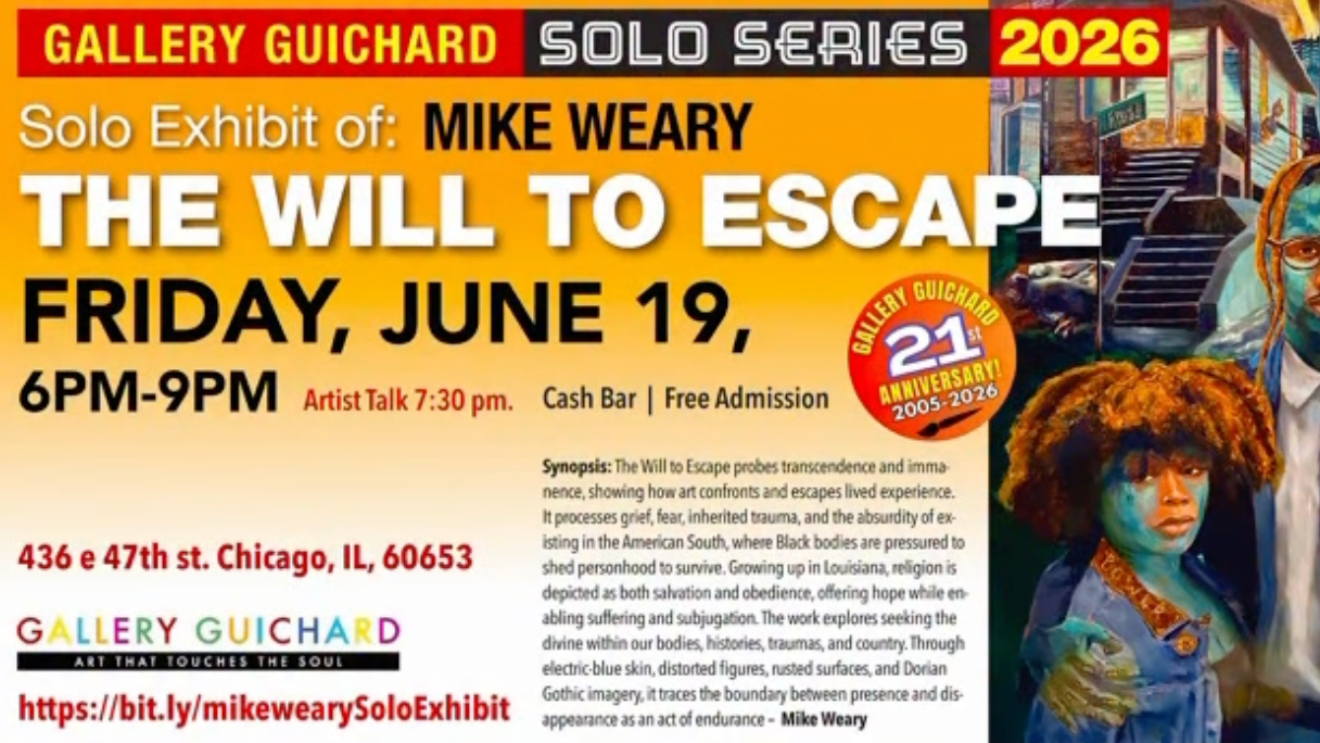 Flyer for Mike Weary's solo exhibition The Will to Escape at Gallery Guichard, Friday June 19, 6 to 9 p.m.