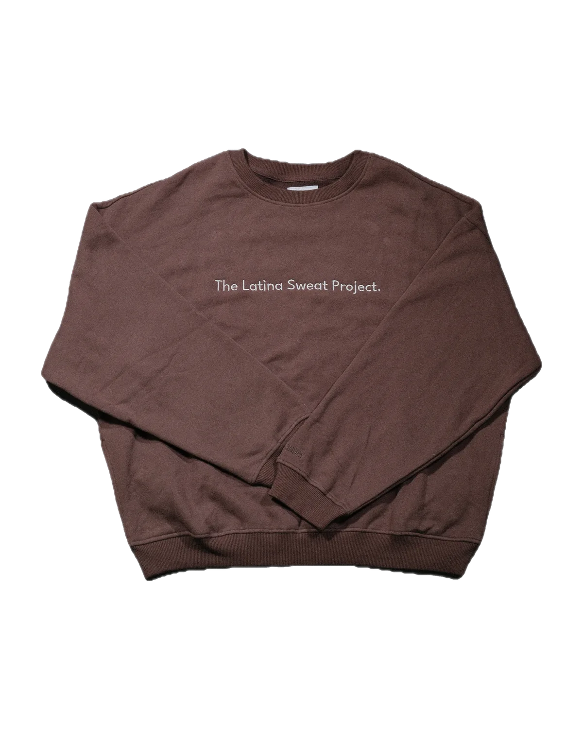 Brown crewneck sweatshirt with The Latina Sweat Project in script across the chest