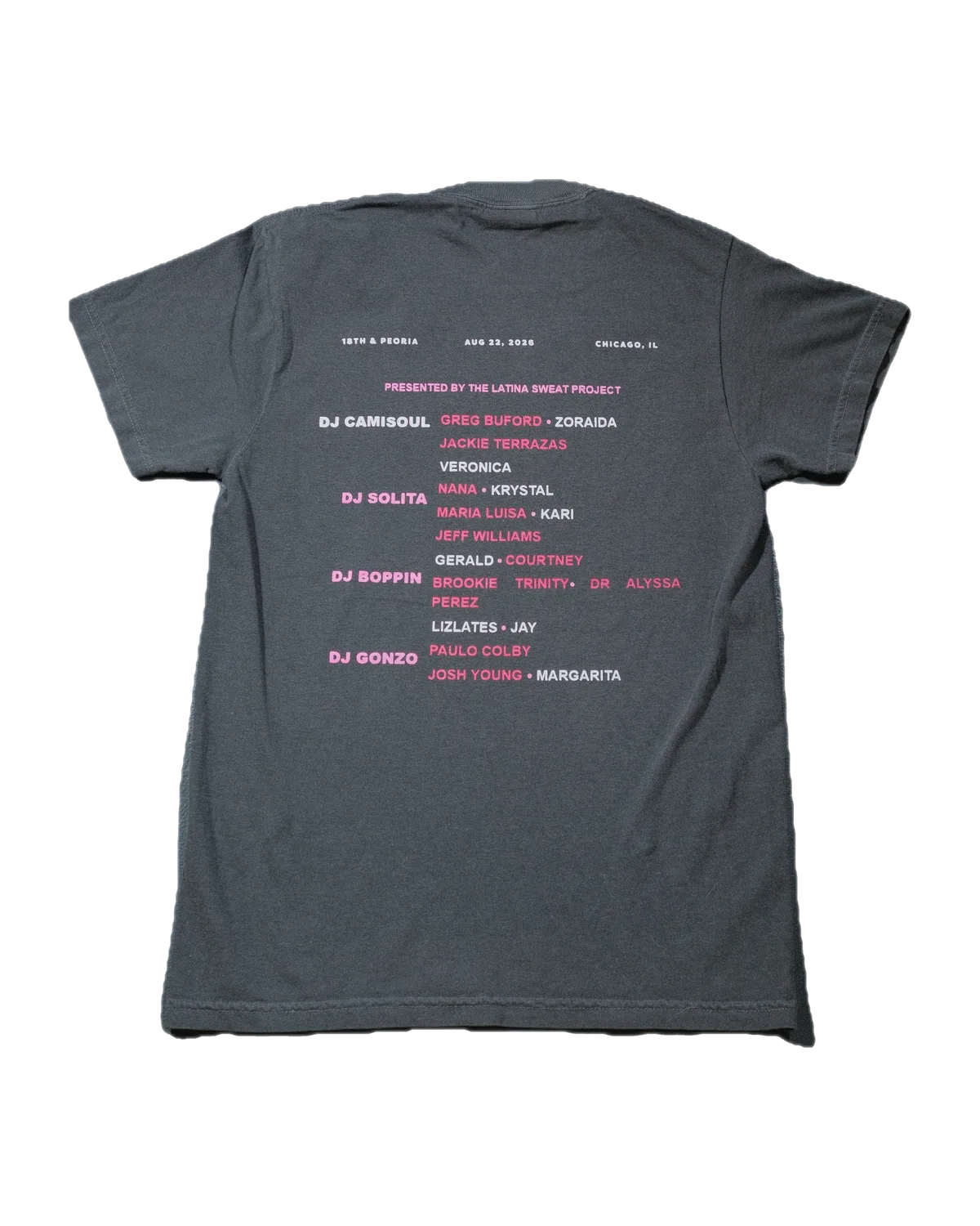 Charcoal Sweat Fest tee, back with the lineup print