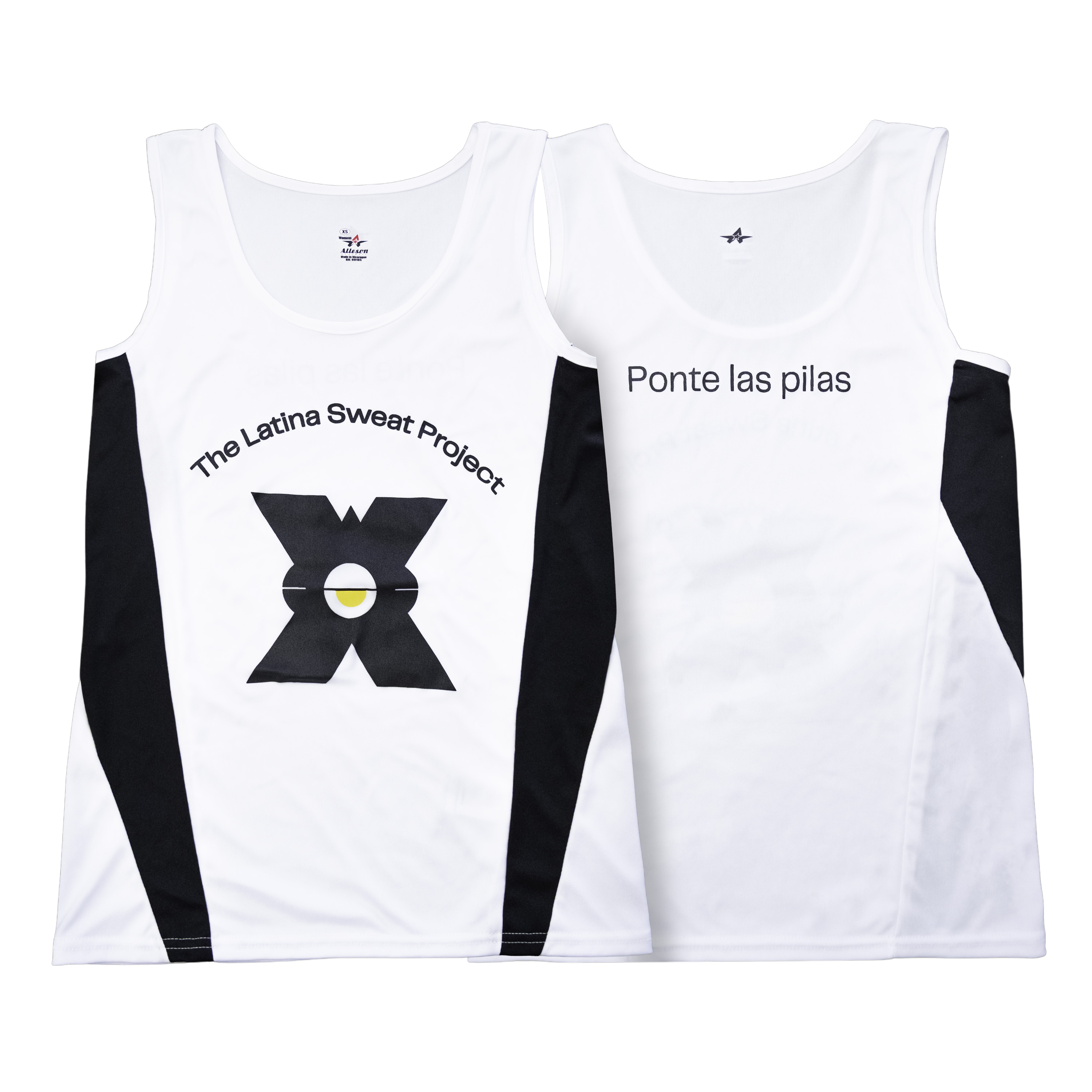The Latina Sweat Project Monday Miles running tee. Front shows arched logo with X and yellow sun. Back reads Ponte las pilas.