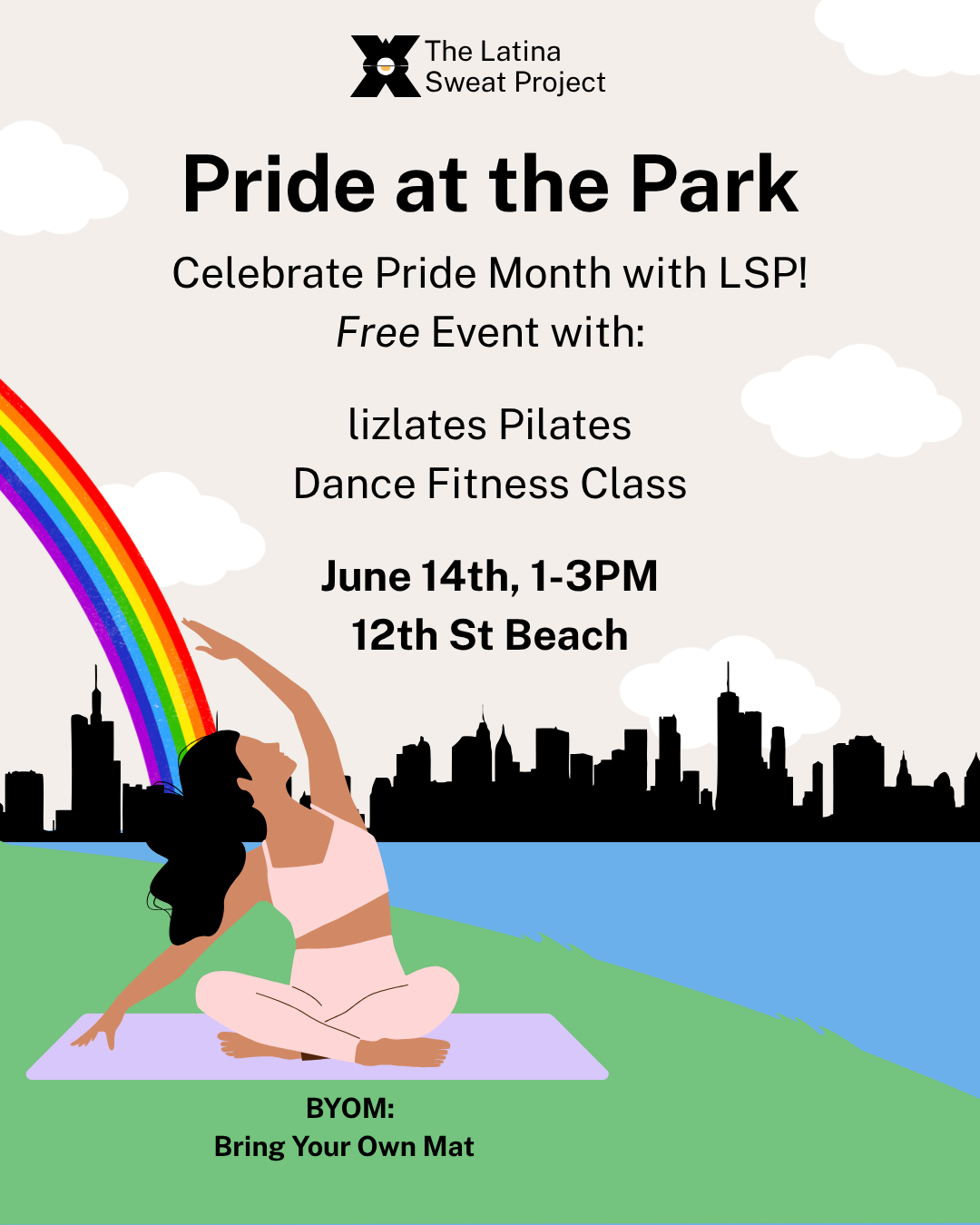 Pride in the Park event flyer: free Pilates and dance fitness at 12th St Beach on June 14