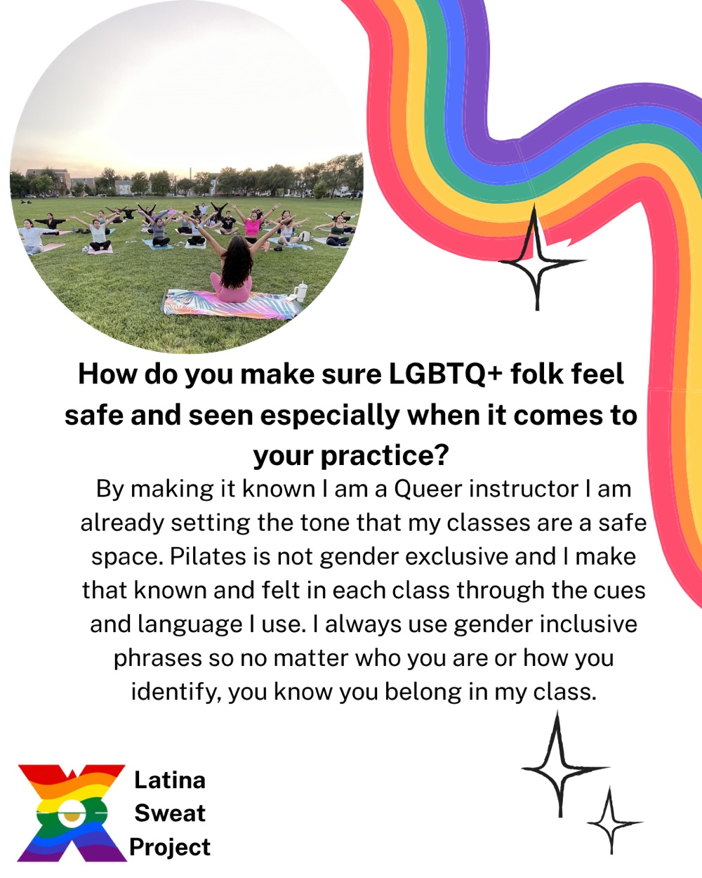 Liz on keeping LGBTQ+ folks safe and seen: as an out queer instructor she sets the tone that her classes are a safe space, and uses gender-inclusive language so everyone knows they belong.