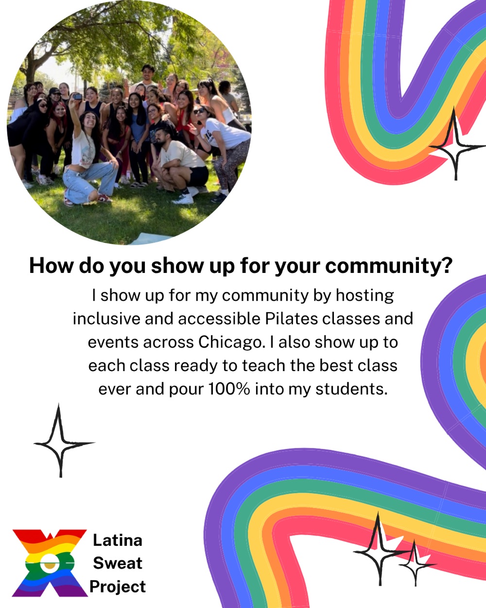 Liz on showing up for community: she hosts inclusive, accessible Pilates classes and events across Chicago, and pours 100% into every student.