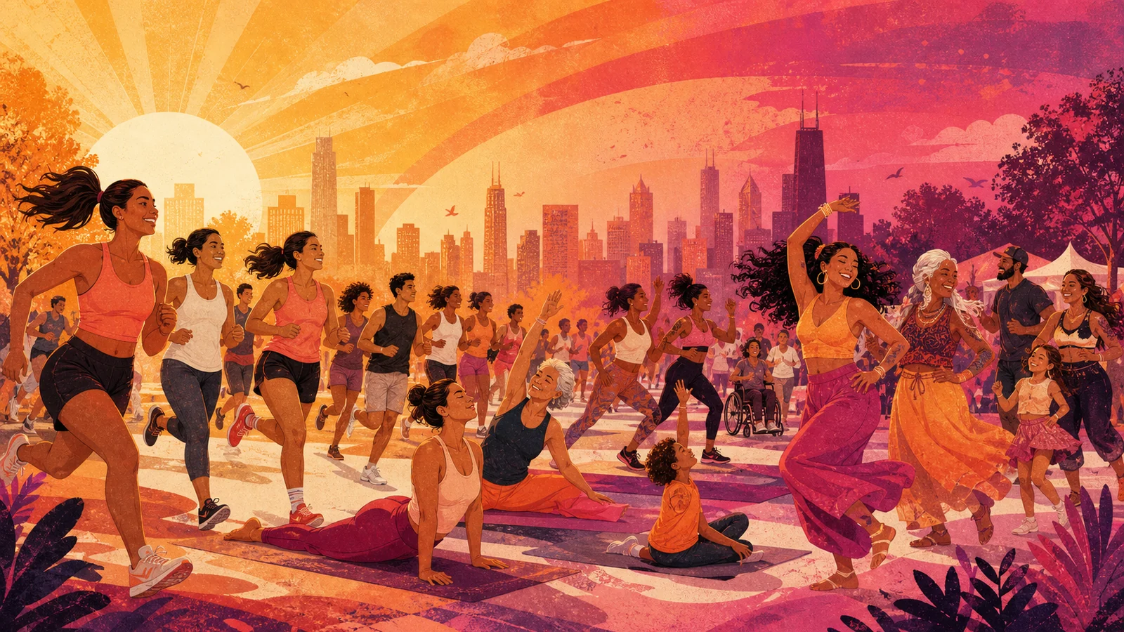 Editorial illustration of a multigenerational Chicago community running, stretching, and dancing together at Sweat Fest