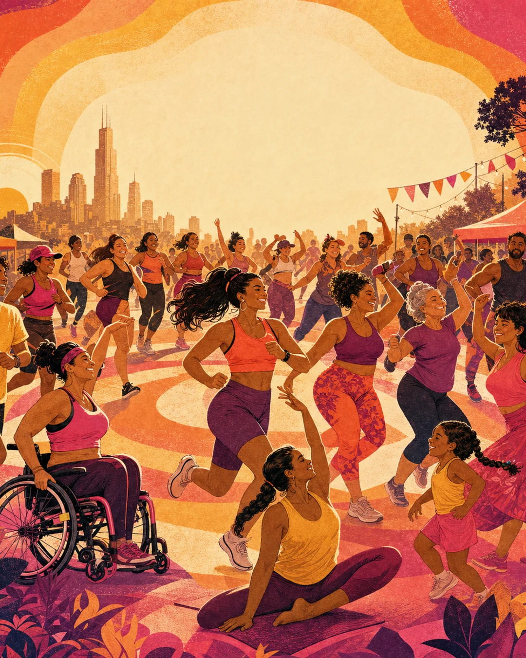 Editorial illustration of a joyful, inclusive Chicago movement festival with runners, fitness, and yoga